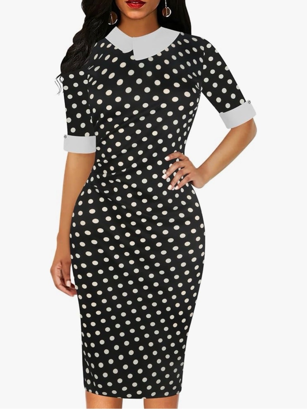 NWT Oxiuly Fashion Polka Dot Bodycon Dress White Peter Pan Collar Size Large